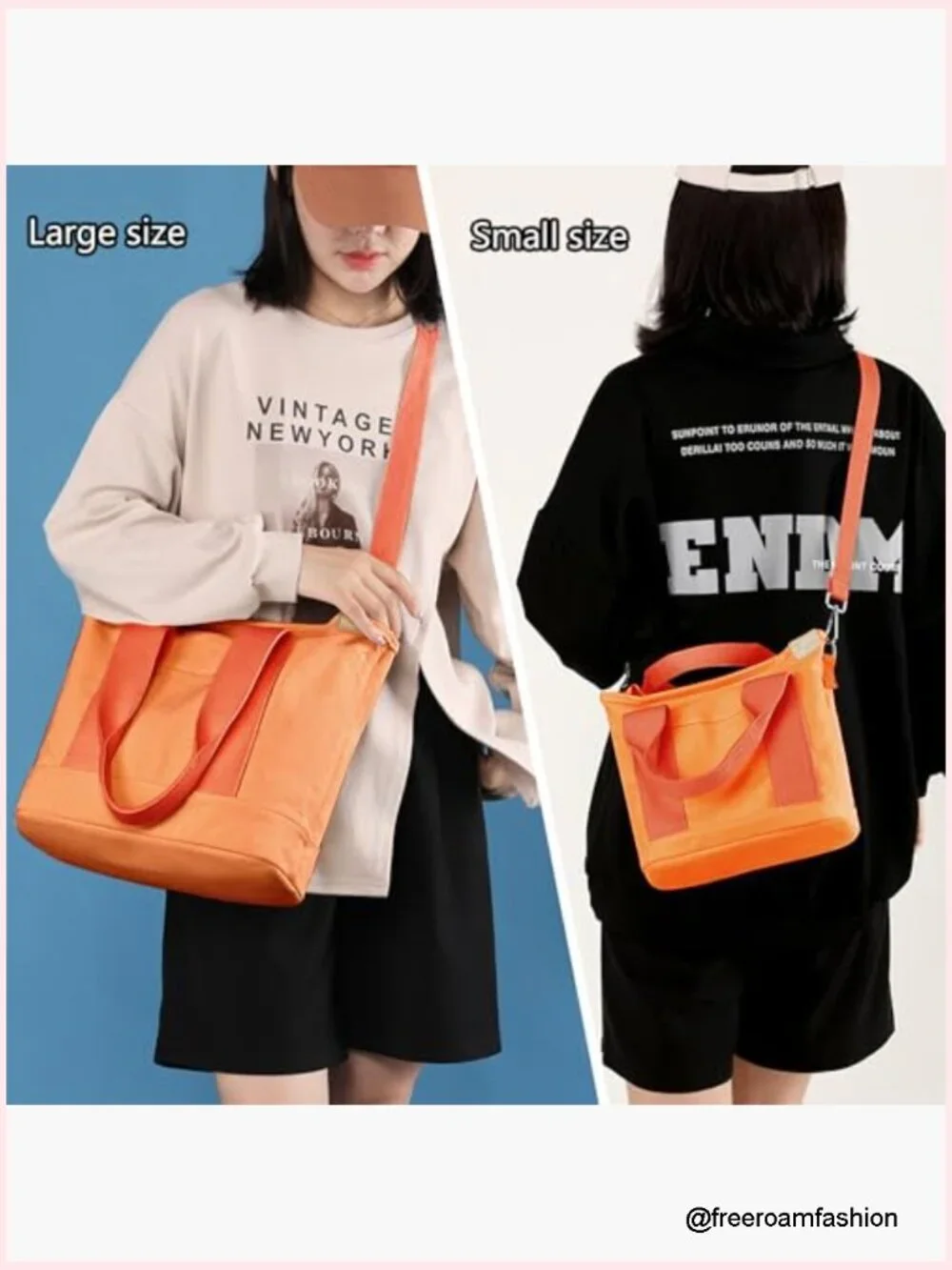 Canvas Tote Bag with Zipper, Adjustable Strap, 5 Pockets, 2 Sizes
